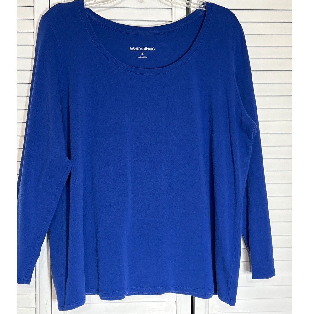 Fashion Bug Womens 1X Royal Blue Scoop Neck Long Sleeve Cotton Blend Stretch Top